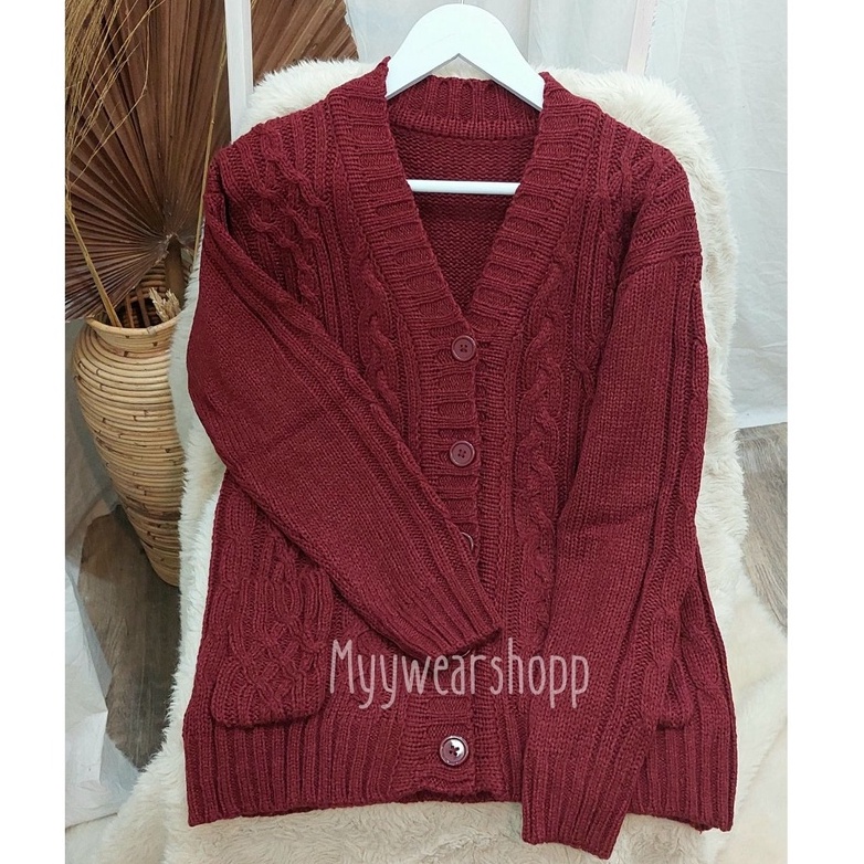 CABLE CARDY kardigan rajut kepang jumbo wanita panjang cardigan kancing oversize tebal terbaru impor-MARUN