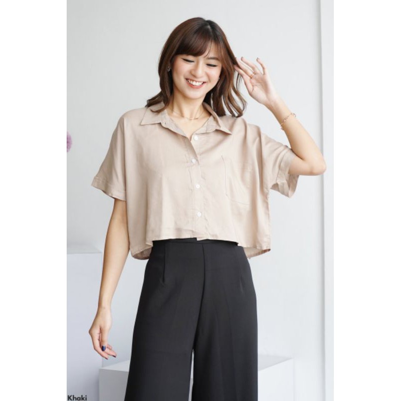 Oversized Rayon Crop Top Kemeja Wanita Casual Big Size Jumbo Polos Lengan Pendek-2