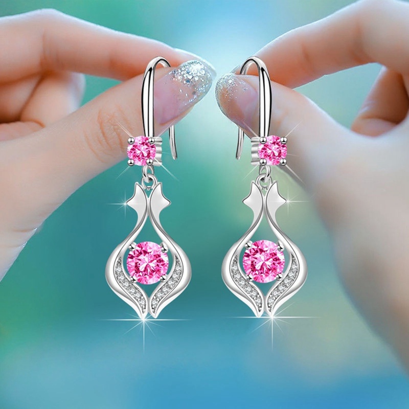 Anting Juntai Cubic Zircon Warna Putih Pink Biru Untuk Wanita