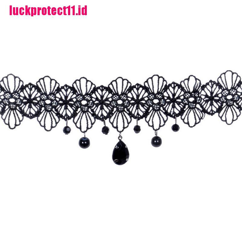 (LUCK) Kalung Choker Lace Hitam Aksen Bunga Gaya Gothic Retro Untuk Wanita
