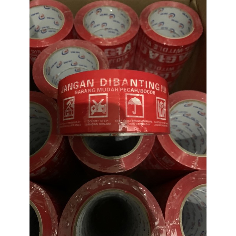 LAKBAN FRAGILE MERAH JANGAN DIBANTING FULL 100 METER 110 YARD