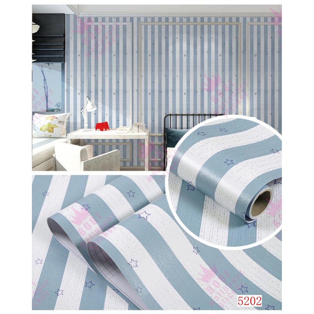 Walpaper Dinding Wallpaper Stiker Dinding Motif Salur Biru Bintang Warna Soft Wallpaper Ruang Tamu Aesthetic GH078