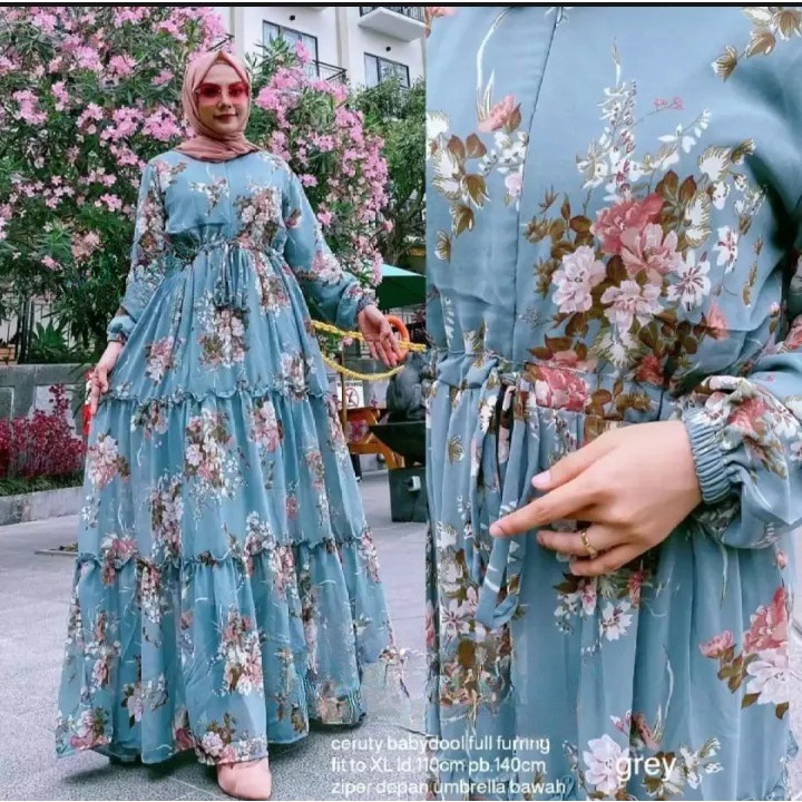 saby maxi ceruty bebydoll /gamis syarii ceruty rempel bunga /gamis ceruty susun