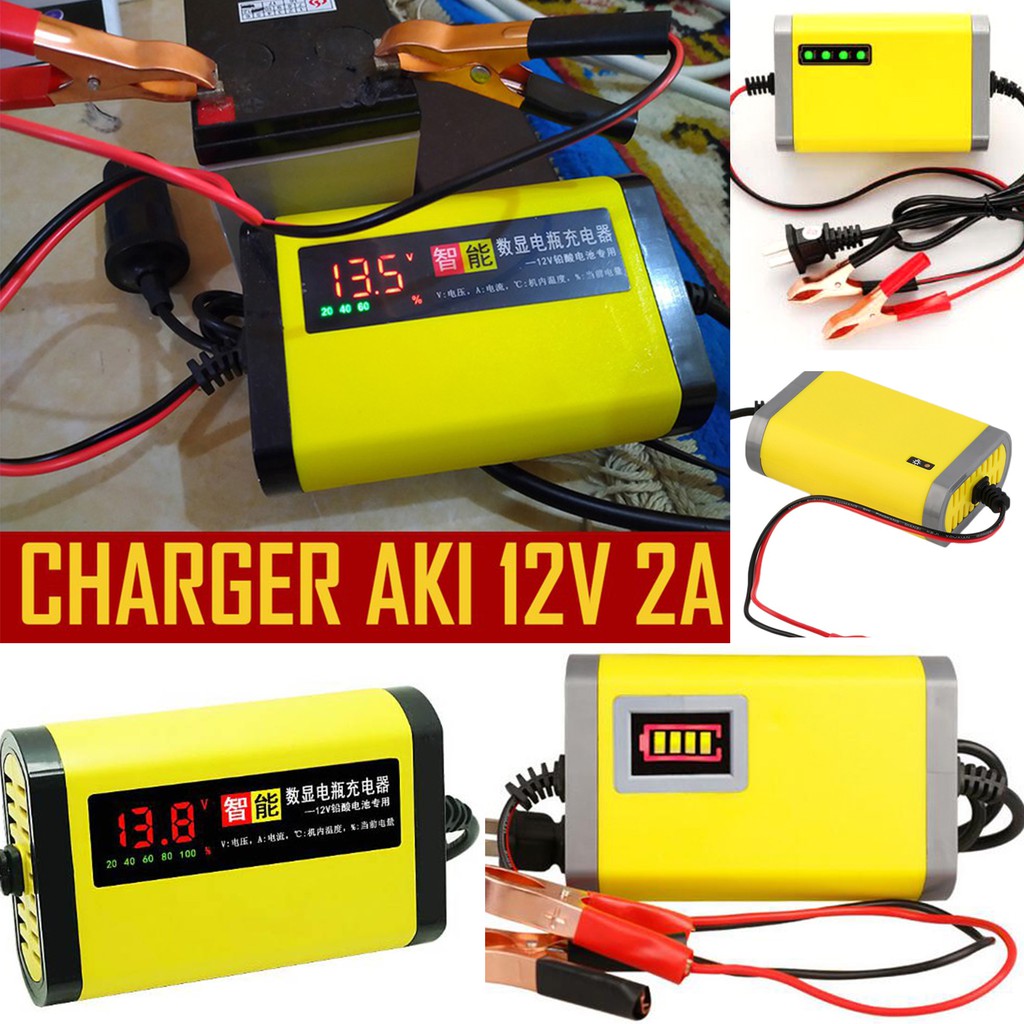 Charger Cas Aki Motor lead acid Mobil 12V 2A  + LCD display Bar indikator with LED Indicator Pengecas aki Motor JNP