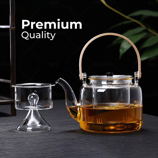 Teko Teh Kukus 2 model Saringan 1100ml Steam Rebus Daun Teh Kaca Borosilicate Bisa Kena Api