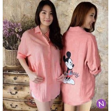 Pakaian Wanita f2sq lk beary biru merah tunik kemeja katun mickey stripe garis salur bordir lengan