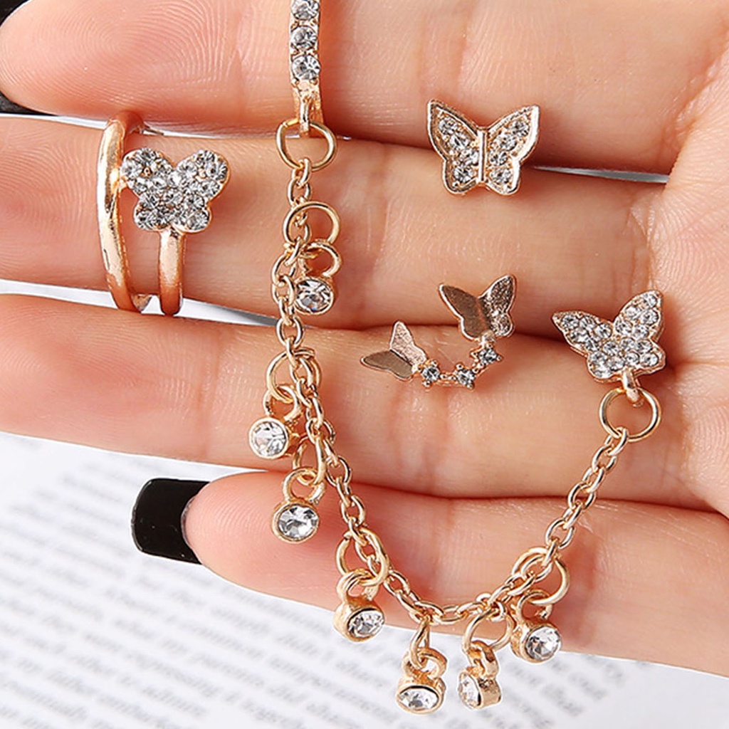 Hu Hu Hu Hu Hu Alat Bantu Pasang Kacamata♡ 4pcs / Set Anting Stud Rantai Bentuk Kupu-Kupu Bahan Alloy Untuk Wanita