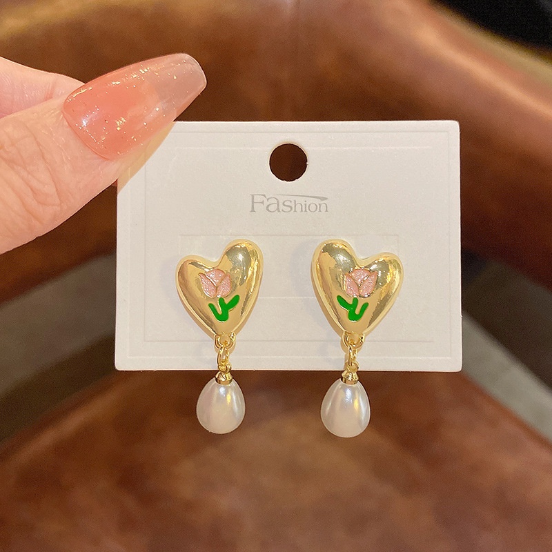 Anting Tusuk Gantung Bahan Sterling silver 925 Desain Bunga Tulip + Hati + Mutiara Gaya Mewah Untuk Wanita