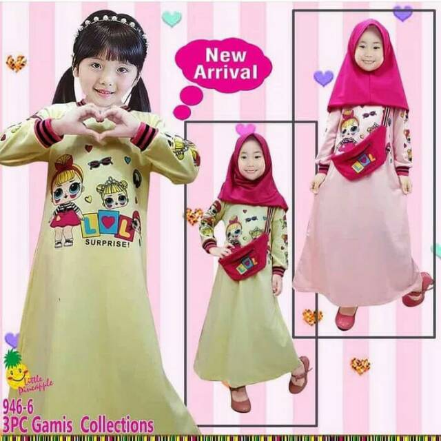 Baju Muslim Gamis Kaos Anak Perempuan Little Pineapple Gamis LOL Peach Kuning Lengan Ribs Waist Bag