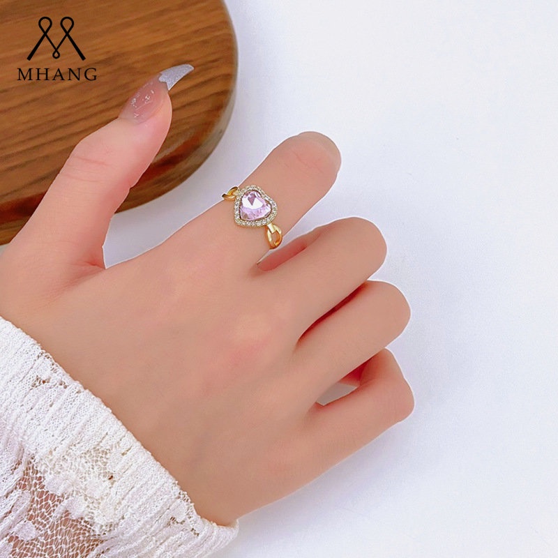 Cincin Bentuk Hati Aksen Kristal Warna Pink Gaya Vintage Untuk Wanita