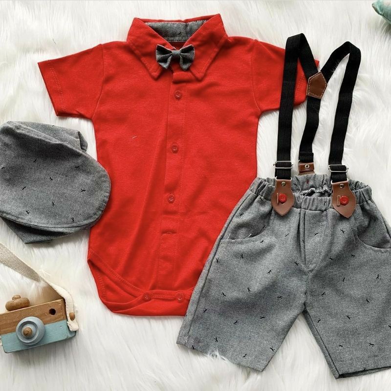 Baju setelan Jumper Suspender Anak Bayi Laki-laki plus topi / Setelan Suspender Bayi Size 3 -9 Bulan-6