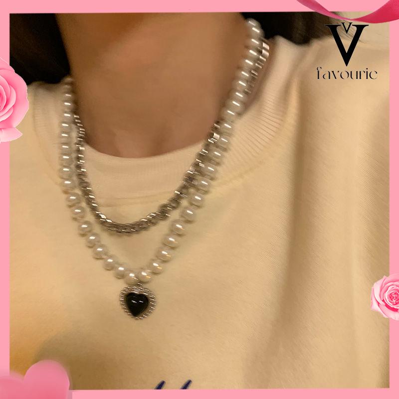 [COD]Cinta Hitam Kalung Berlapis Ganda Hip Hop Wanita Keren Angin Retro Mutiara Rantai Klavikula-FA