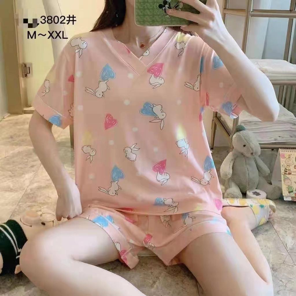 Korea Set Setelan Baju Tidur Piyama Wanita Lengan Pendek Motif Karakter Import