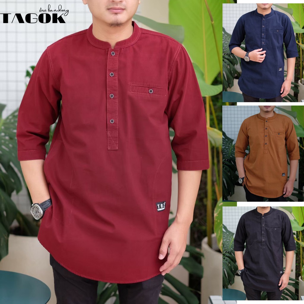 BAJU KOKO KURTA PAKISTAN PAKAIAN MUSLIM PRIA BAHAN KATUN WARNA MAROON NAVY HITAM TAN ARMY UKURAN M L