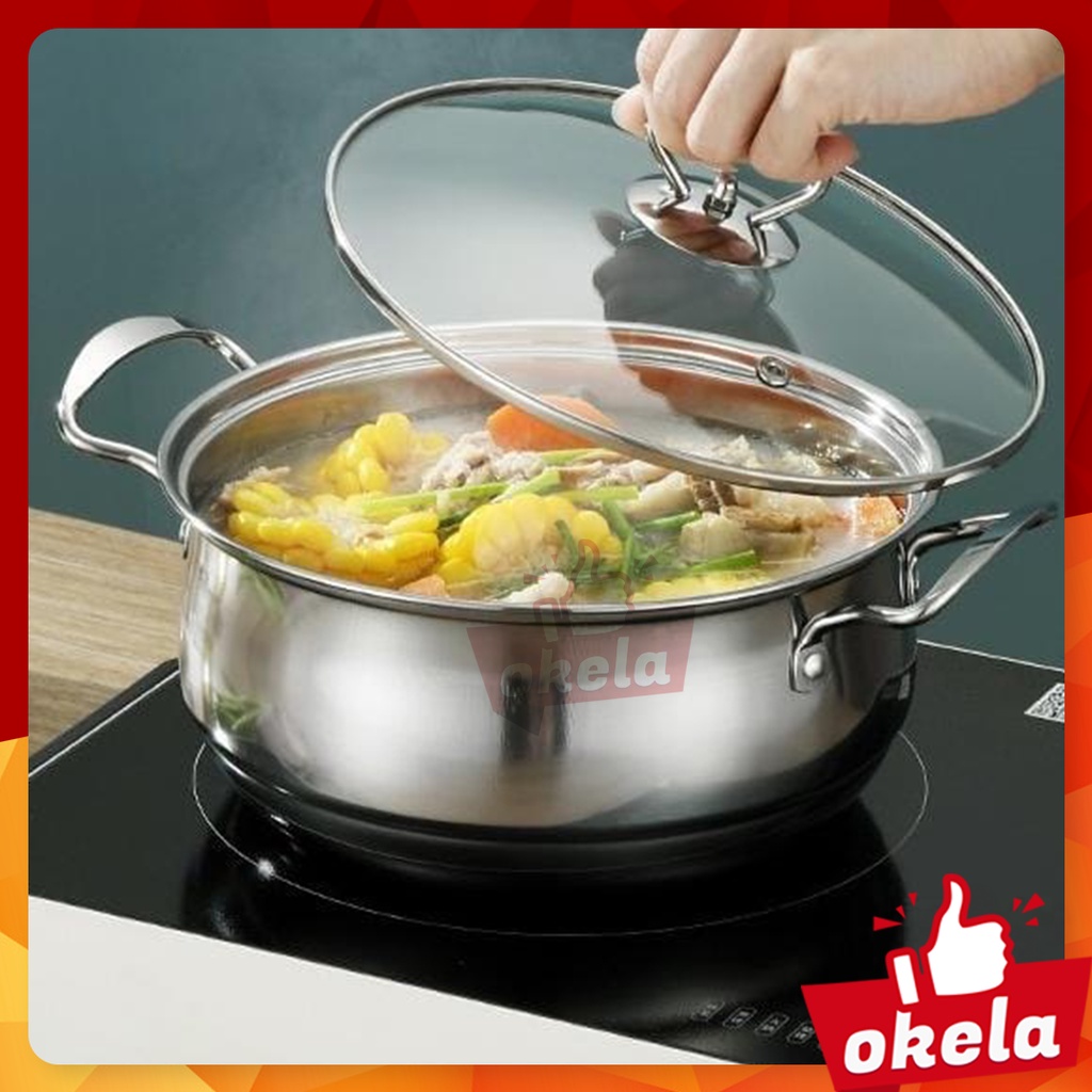 Okela - Panci Shabu Stainless Steel Panci Hot Pot Sukiyaki Steamboat Tutup Kaca Tebal