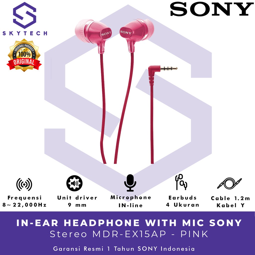 EARPHONE SONY MDR EX15AP WITH MIC PINK ORIGINAL GARANSI RESMI