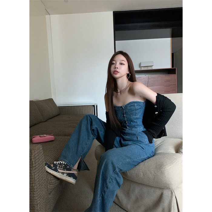 Gaya Korea Jeans Retro Lurus One Piece Jeans Wanita Musim Panas Tipis Gadis Panas Pinggang Tinggi Se