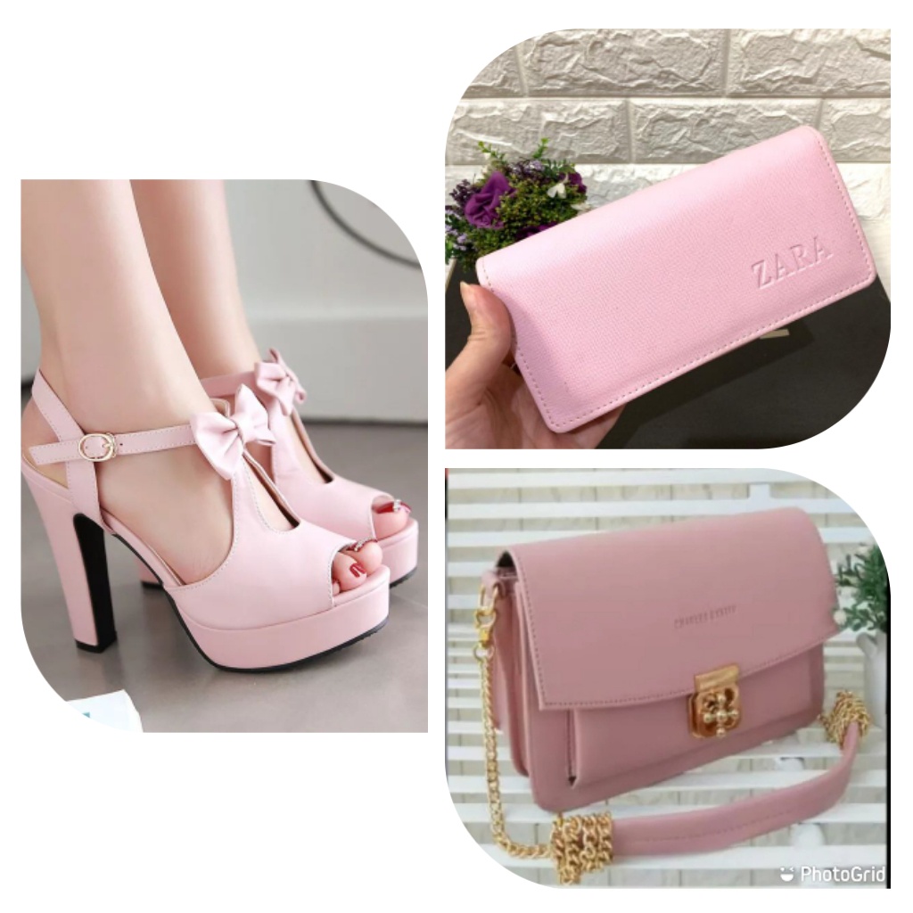 Paket 3in1 sandal heels wanita jam dan dompet