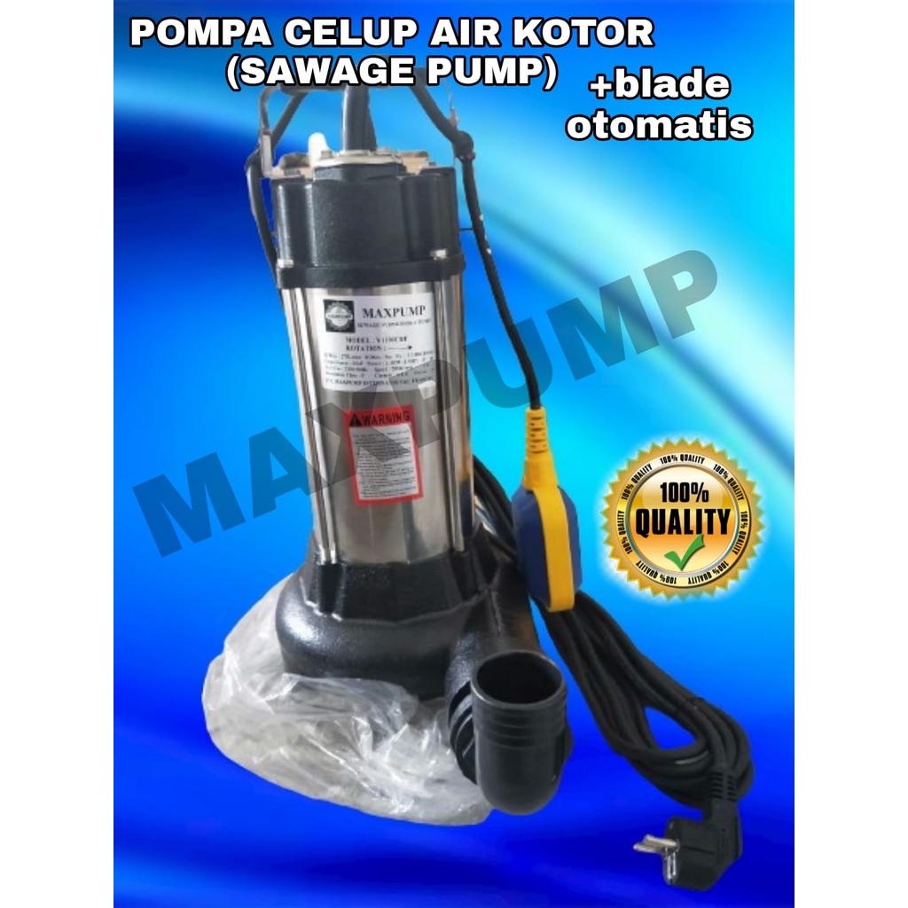 MAXPUMP WQD7-12-1.1 FQG Sewage Pump Pompa Celup Air Kotor Stenlis 220volt 2inch 7kubik Auto Cutter Pakai Pisau Sewage Pump