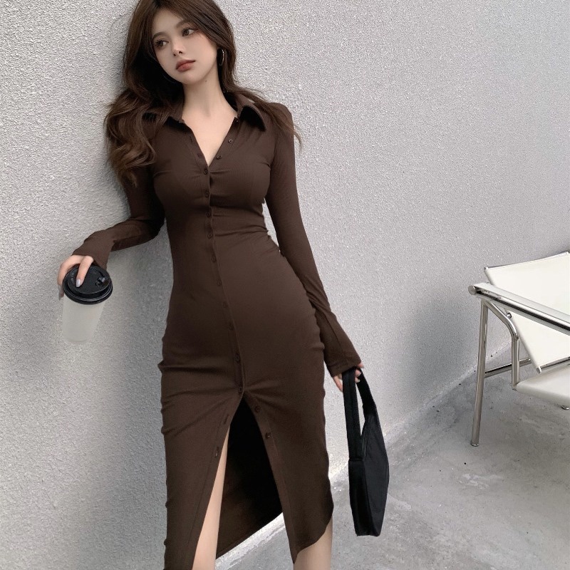 Red Dress Wanita Polo Collar Slim Pinggang Slip Rok Lengan Panjang Musim Gugur Gaya Baru Slim Midi Rok