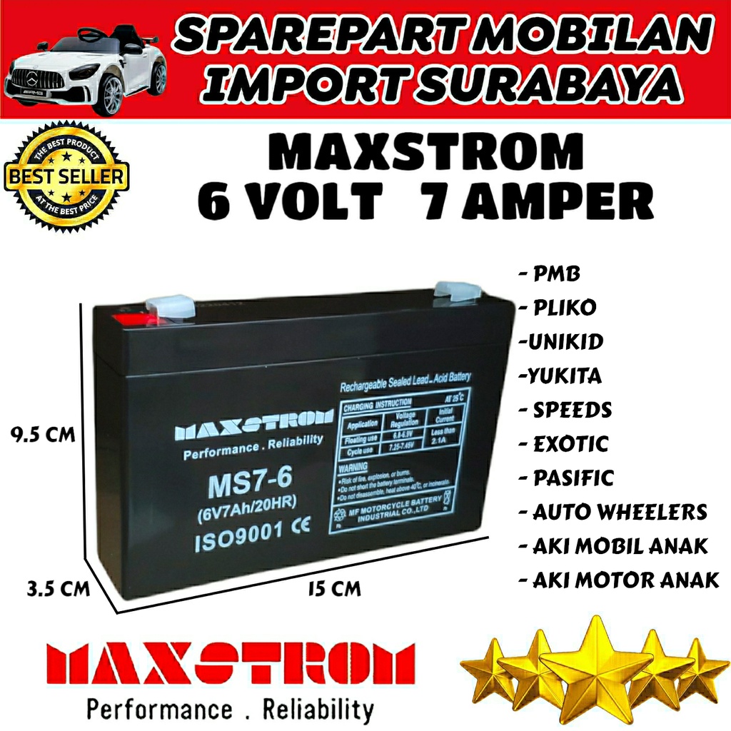 BATERAI MAXSTROM 6V 7AH AKI MOBIL MAINAN ANAK 6 VOLT 7 AMPER ADAPTOR CHARGER BATTERY 6VOLT CAR TOYS RIDE ON CAR CHILDREN EXOTIC PLIKO PMB UNIKID YUKITA VESPA ANAK MOTOR ANAK