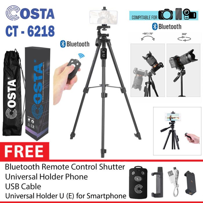 TRIPOD COSTA CT-6218 Tripod Kamera Remote Bluetooth Wireless + Holder HP + E (R3O8) Tripot phone ext