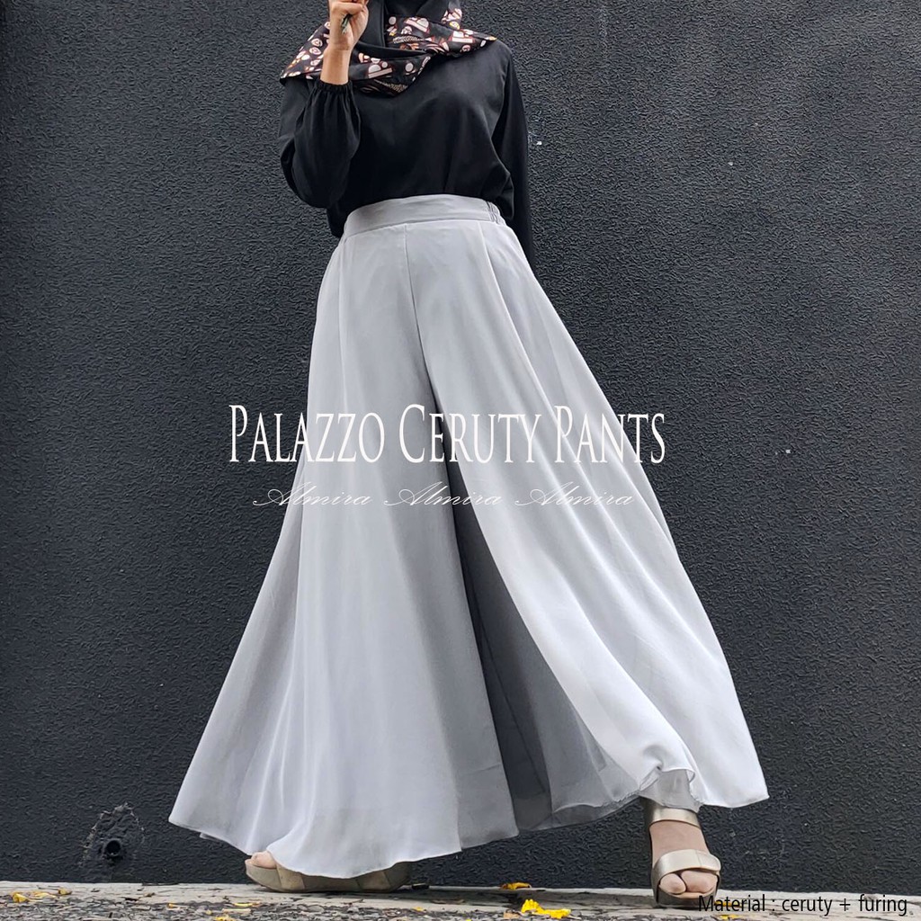 Celana Kulot Panjang  Payung Lebar Wanita Muslimah  Polos Palazzo Sifon Chiffon Ceruty Pants Almira