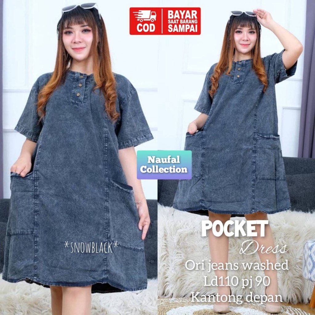 Pocket Dress Jeans Jumbo Mini Dress Lepis Polos Busui Daster Jeans Viral Kekinian