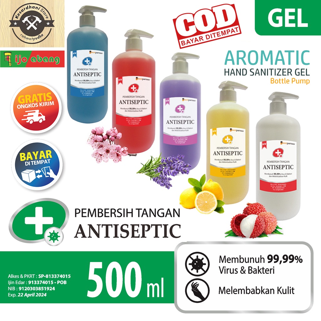 Hand Sanitizer Gel Aromatic 500ml Bottle Pump Aroma Pembersih Tangan Botol Pompa 500 ml Segar Harum Wangi Buah Bunga Fresh Leci Jeruk Lemon Lavender Cherry Blossom Ocean Laut