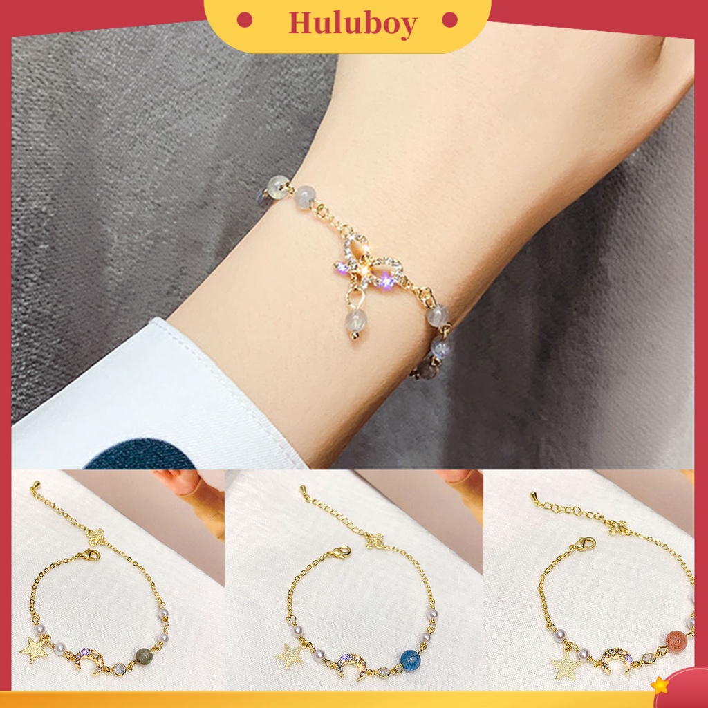 Hu Hu Hu Hu Hu Alat Bantu Pasang Kacamata♡ Gelang Rantai Tipis Adjustable Dengan Charm Bintang + Bulan + Mutiara Imitasi Untuk Pasangan