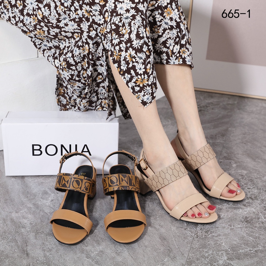 BO Monogram Canvas Double Strap Block Heel Sandals#665-1