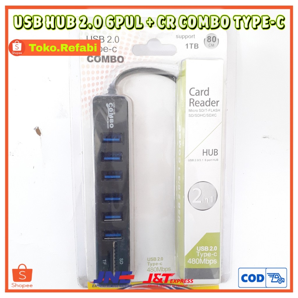 USB HUB 2.0 6PULL + CR COMBO TYPE-C / CARD READER / USB