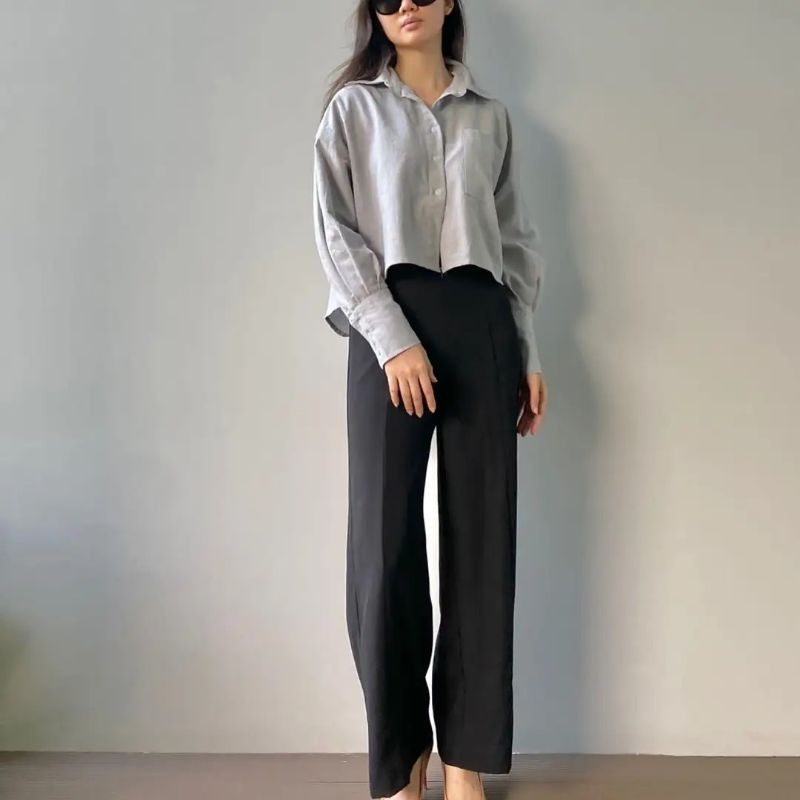 Davi Linen Shirt Kemeja Crop Linen Pocket Wanita Oversize Crop