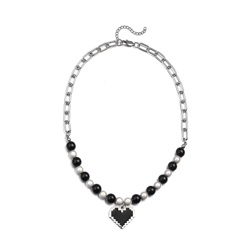 Kalung Mutiara Hitam Putih Liontin Hati Unisex