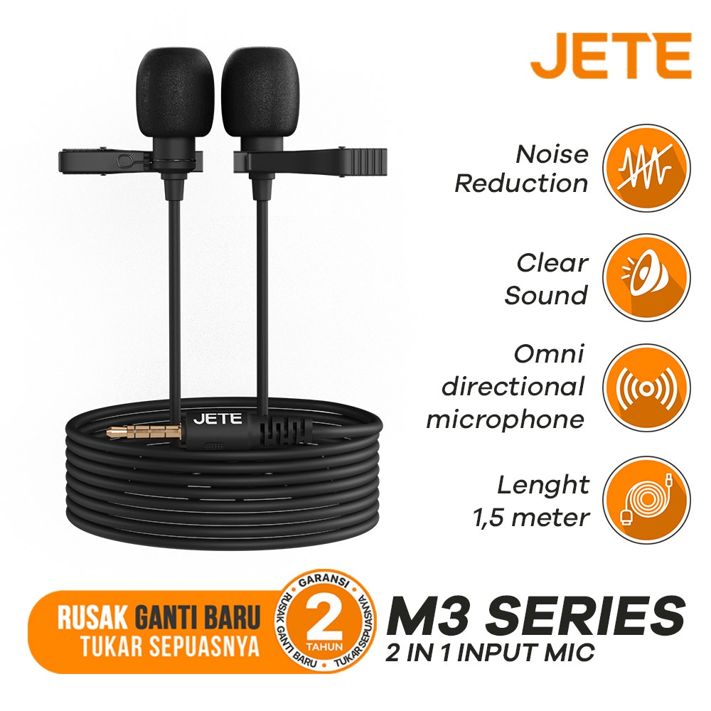 Mic Clip On  - Vlogger Clipon Audio &amp; Recording - Vlog Audio Jack 3.5mm - Noice Reduction JETE M3 2 in 1 Microphone Garansi Resmi 2 tahun