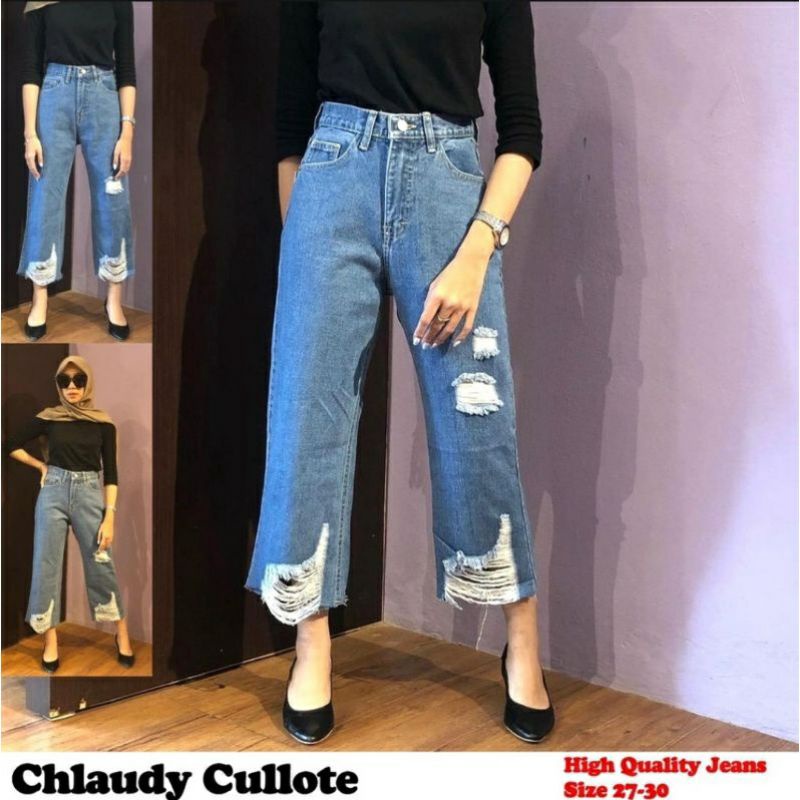 (Promo)Claudy Cullote Celana kulot jeans sobek rawis terbaru
