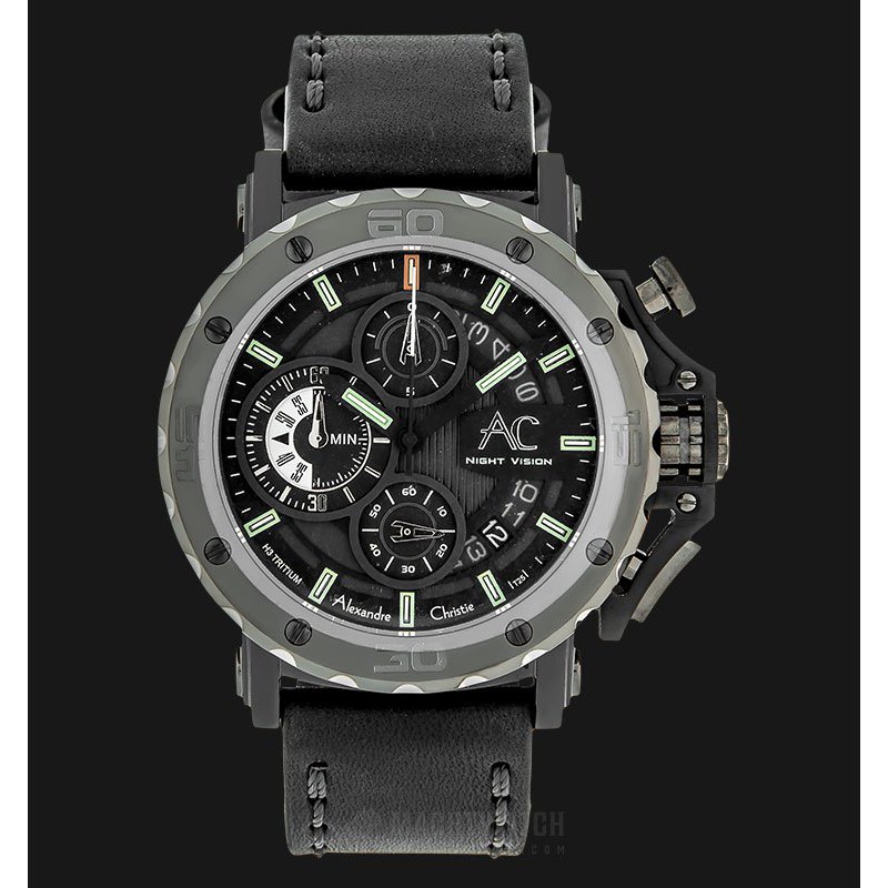 Alexandre Christie AC 9201 NM CLEPBA Night Vision Chronograph Black Dial Black Leather Strap