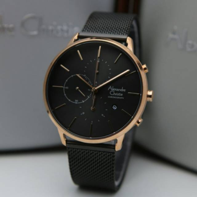 Jam Tangan Pria Original ALEXANDRE CHRISTIE AC 6555 ROSEGOLD BLACK  AC6555 Garansi Resmi 1Tahun