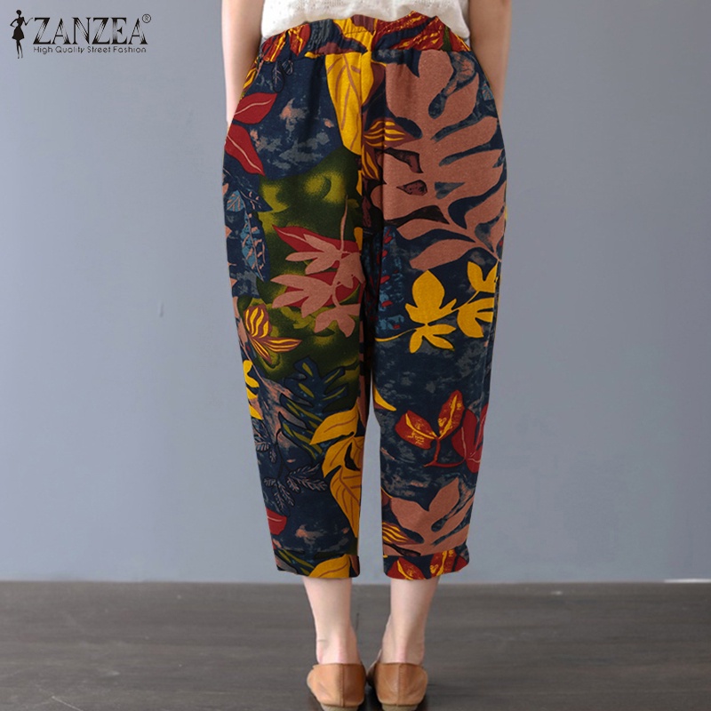 ZANZEA Women Vintage Elastic Waist Leaf Printed Casual Pants