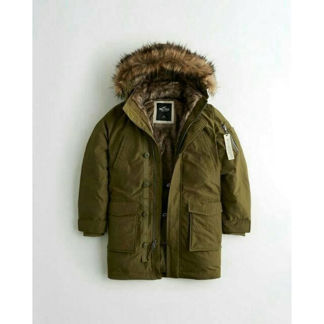 JAKET HOLLISTER FAUX FUR LINED MILITARY PARKA JACKET OLIVE-JAKET MUSIM DINGIN-JAKET WINTER PRIA