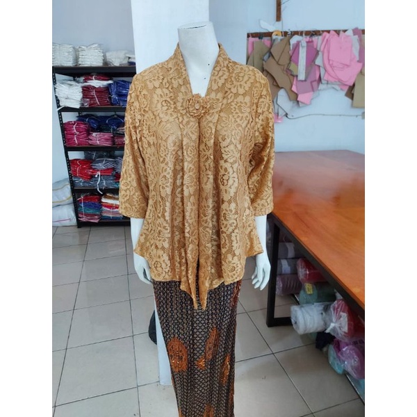 (BrL110) Kebaya floy BROKAT GLITTER & FOIL EMAS 7/8 lurus jumbo KeroncongBusana-Gold, FOIL