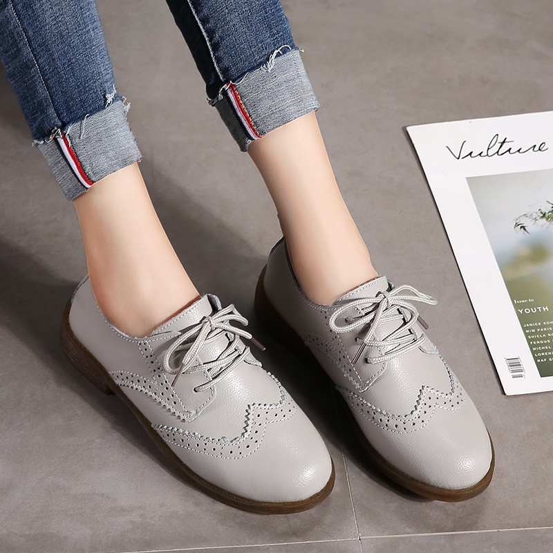 100% KULIT ASLI Flat Shoes Cewek Oxford Sepatu Kerja Wanita Karet Flatshoes Wanita Cantik Casual Kekinian 060