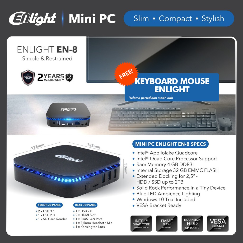 MINI PC ENLIGHT EN-8 - INTEL CELERON J3455 2.3GHz | 4GD3 | 32GB | WIFI