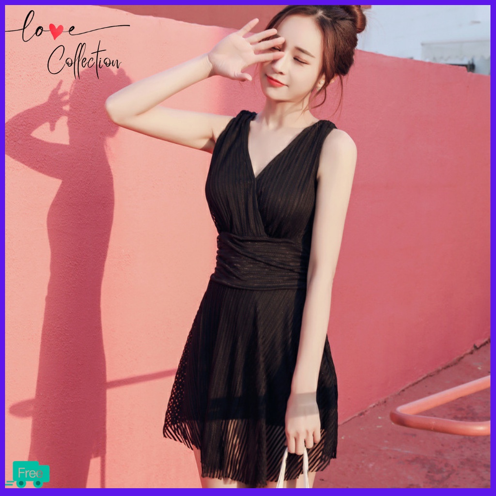 Baju Pantai Wanita Dress Sexy Bikini Swimsuit Highwaist One Piece Dewasa Kekinian Hitam Korean Style