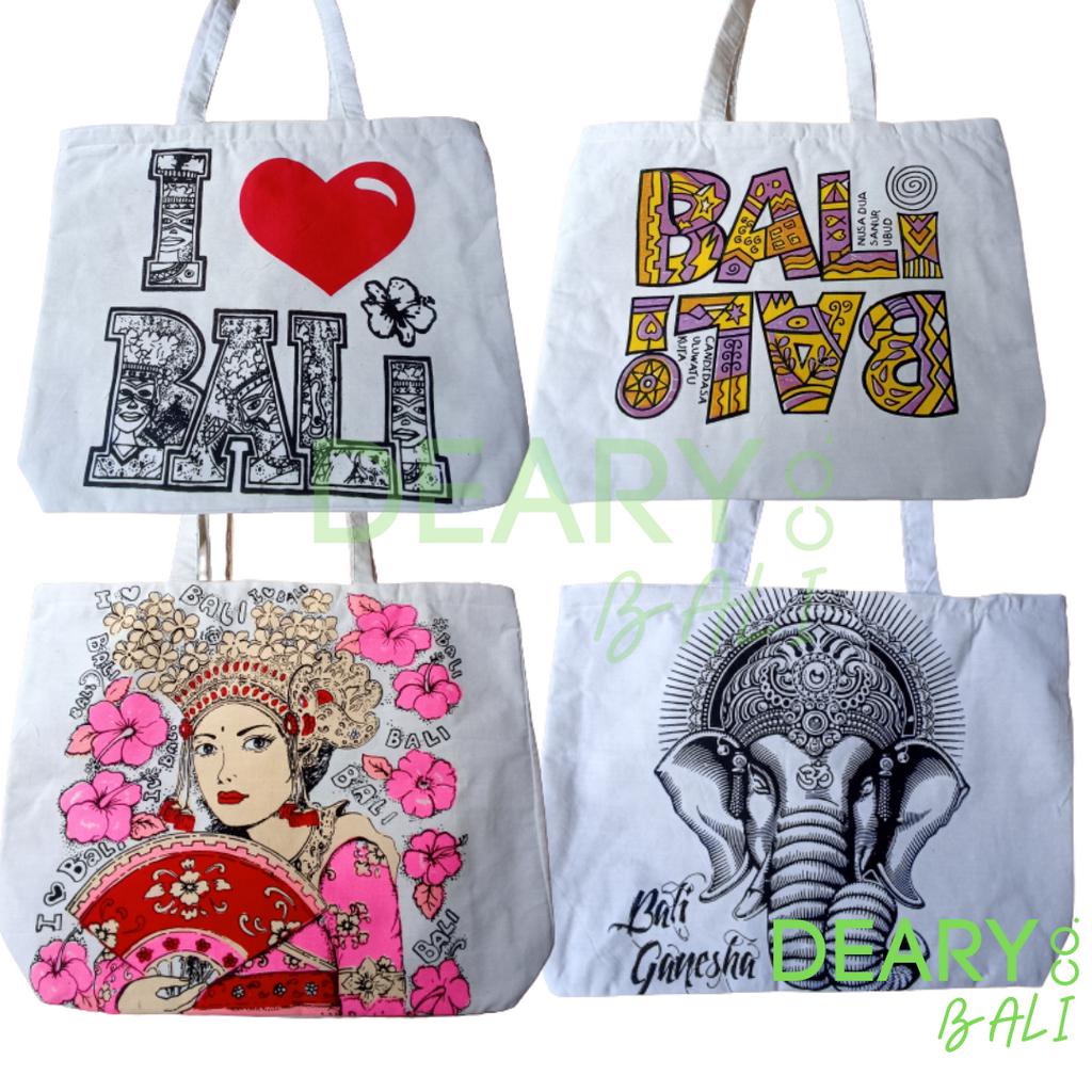 TOTE BAG CANVAS WARNA NATURAL WHITE MOTIF KHAS BALI UKURAN 44CM X 32CM