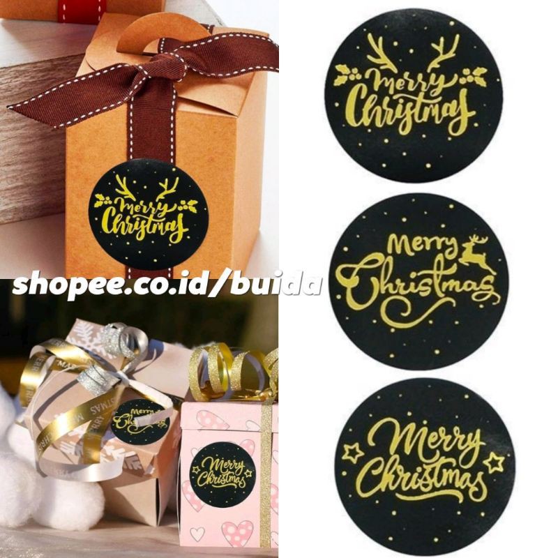 

1 roll 500pcs Stiker Sticker Natal Merry Christmas Black Gold Label Segel Kemasan kado packaging sealer hampers
