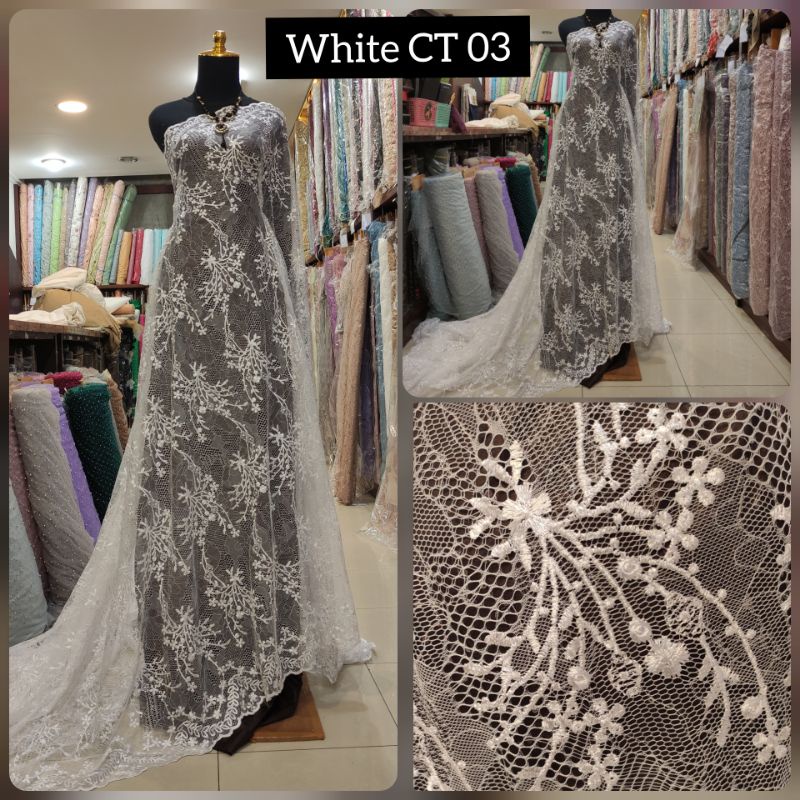 Kain Tile Brokat Putih Bridal Payet CT 03 White