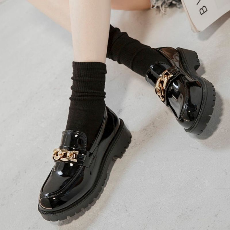 COD Sepatu Docmart Wanita Rantai Logam Gold Premium Terbaru Fashion Korea Sepatu Flat loafers Kasual Mary janes Hitam 09