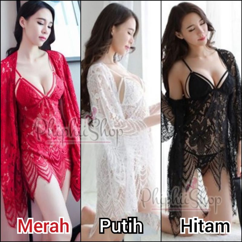 Sexy Lingerie Fit M - L Set Bikini Kimono + Dress + Panty Model Renda Brukat