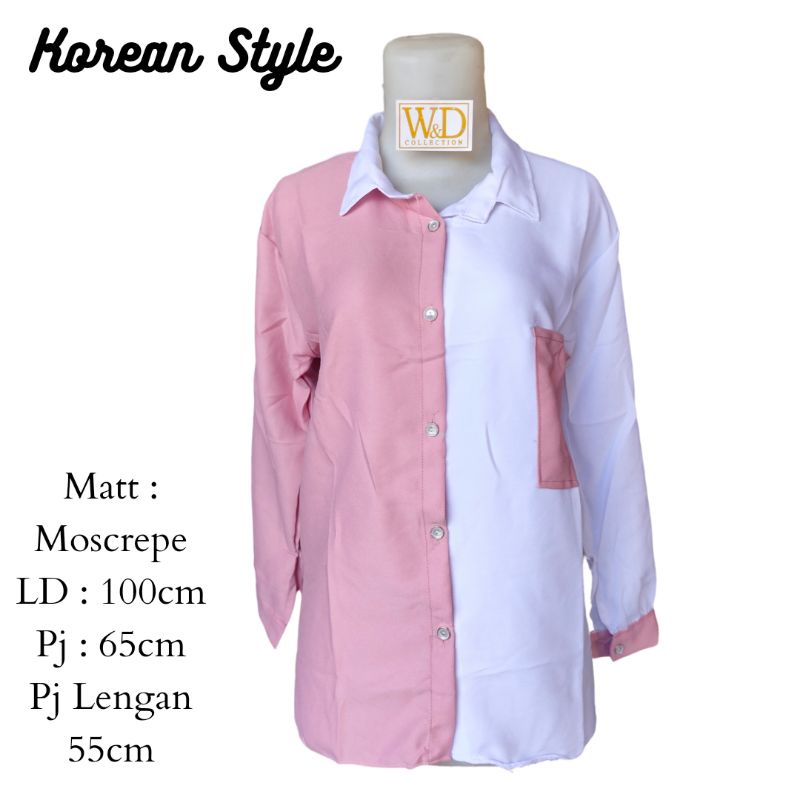 Kemeja Wanita Polos Casual Blouse Basic Kombinasi Warna Lengan Panjang Kekinian  Moscrepe-Pink baby Kombi 84